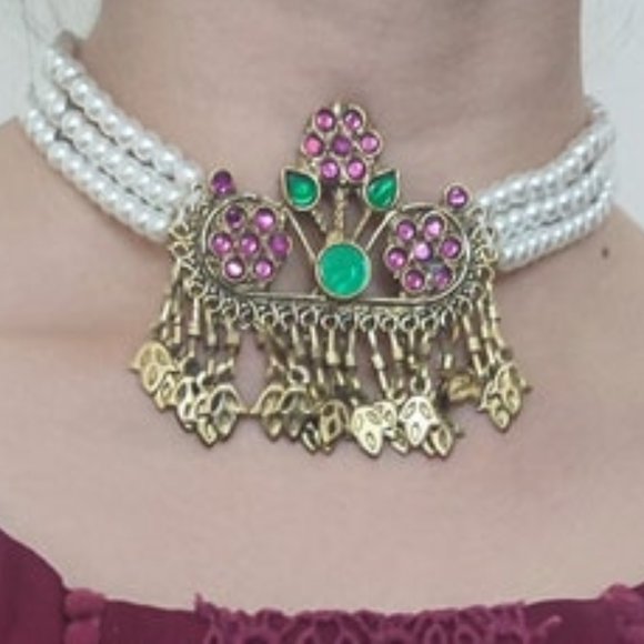 Afghan Three Flower Jewelry Set, Tribal Afghan Pearls Choker With Earrings - Picture 2 of 7